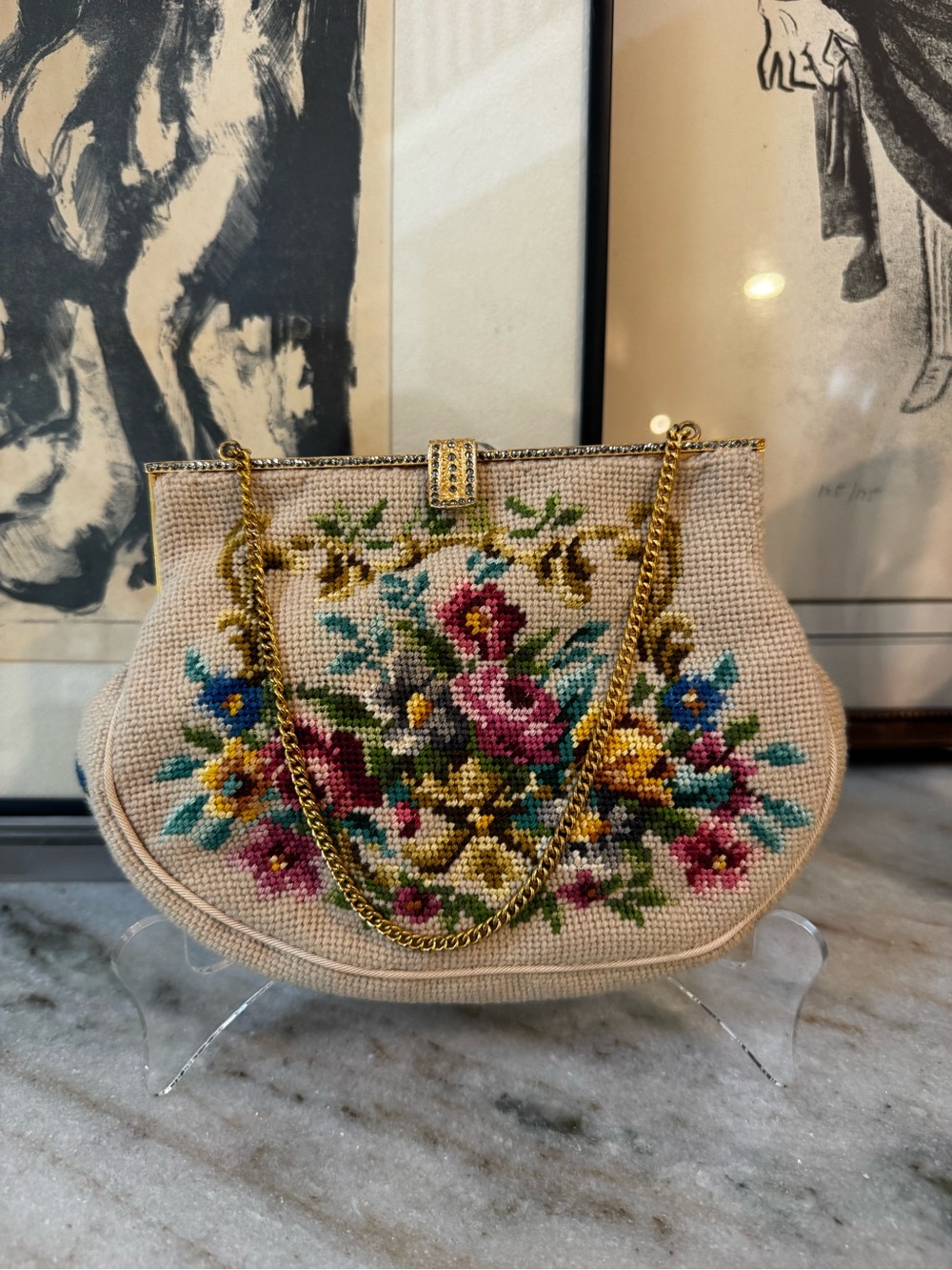Vintage Jeweled Needlepoint Floral Evening Bag Rhinestone Frame Purse